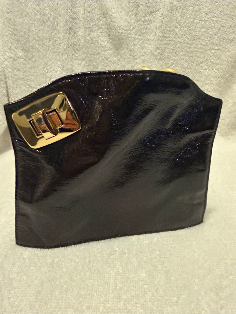 BULGA Brown Patent Wristlet Mini Clutch with Gold Hardware and 2 side pochettes